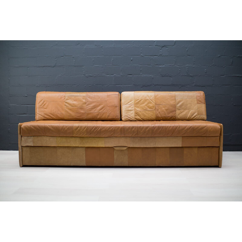 Swiss vintage cognac leather patchwork daybed, 1960s