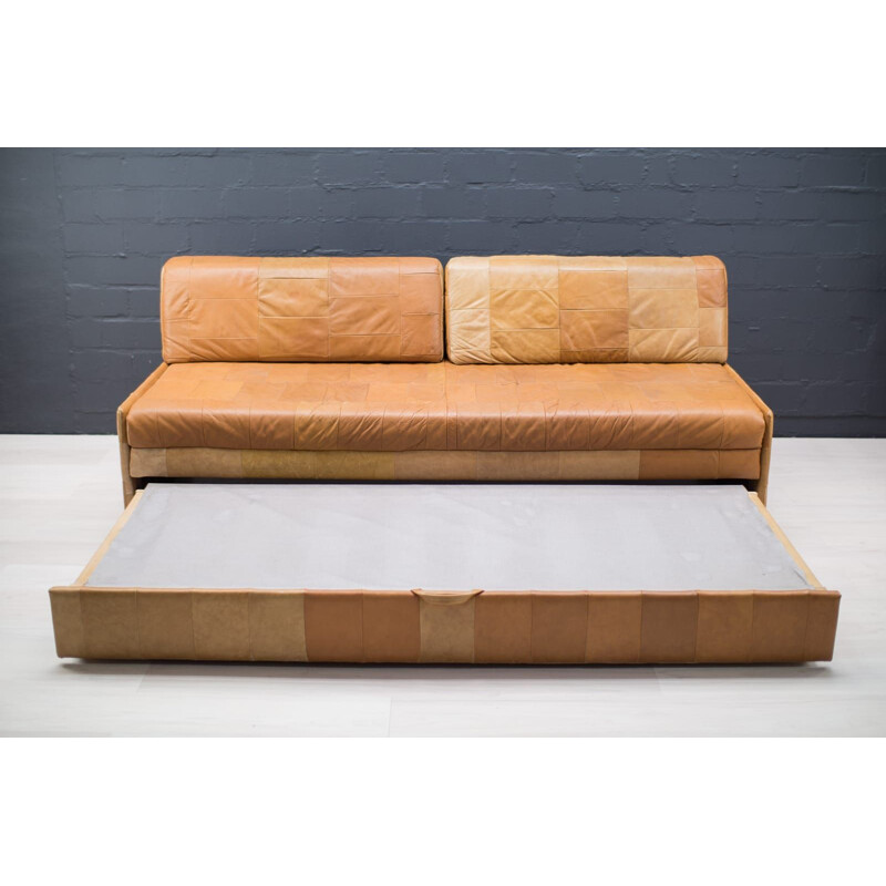 Swiss vintage cognac leather patchwork daybed, 1960s