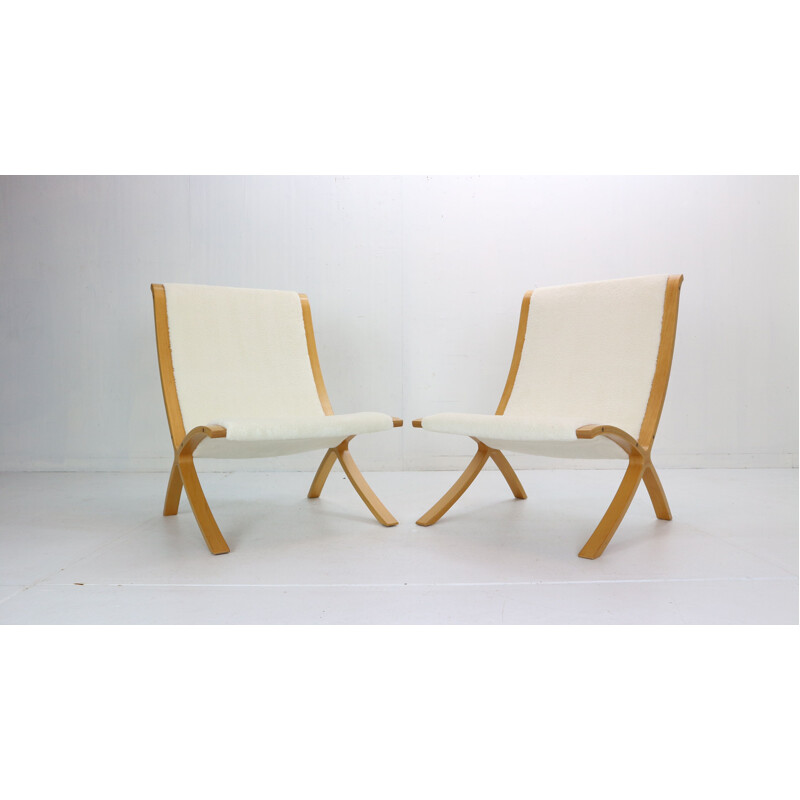 Pair of vintage beechwood armchairs by Peter Hvidt and Orla Mølgaard-Nielsen for Fritz Hansen, Denmark 1979