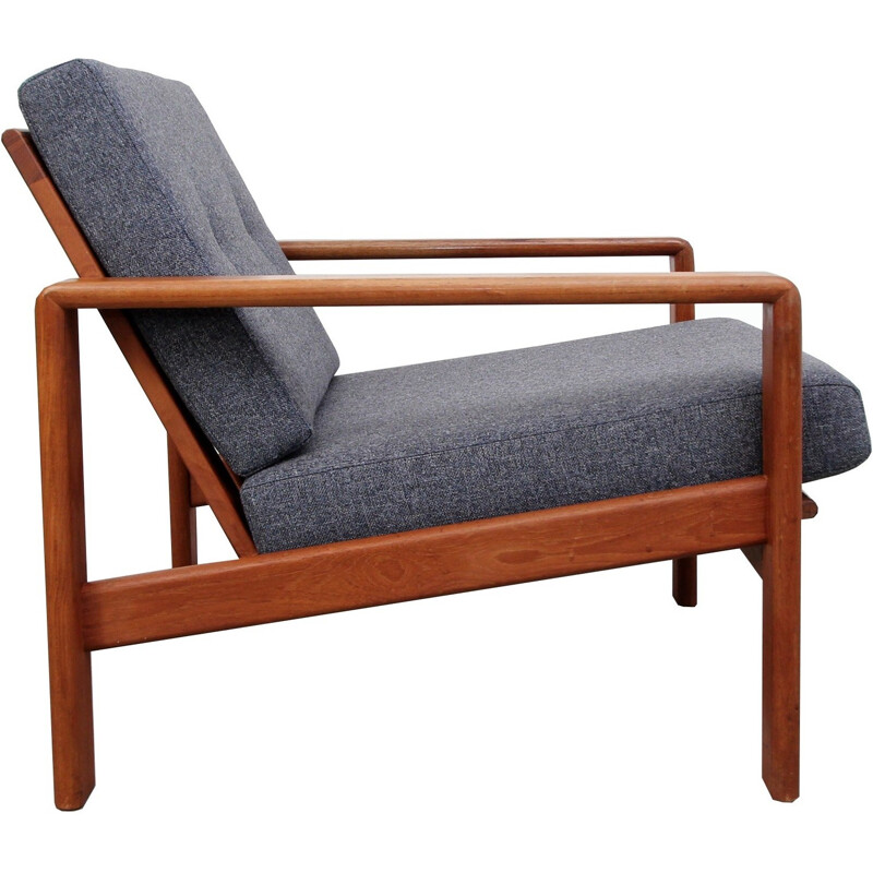 Danish Komfort armchair in teak and blue grey fabric - 1960s