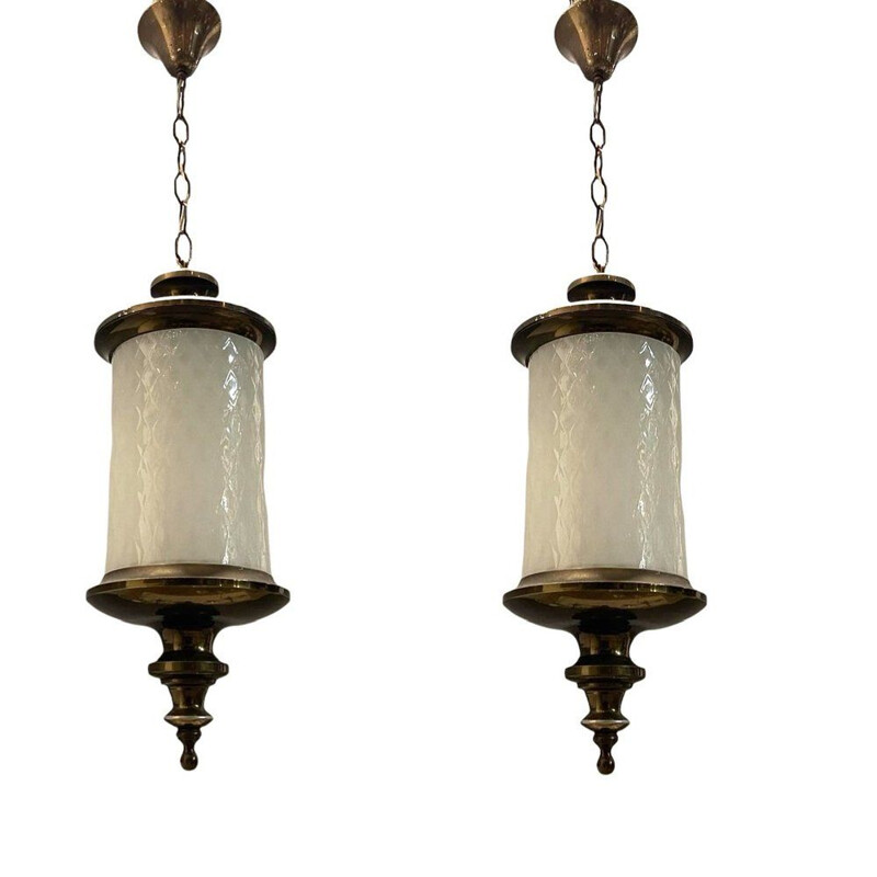 Pair of vintage white murano glass pendant lamps, Italy