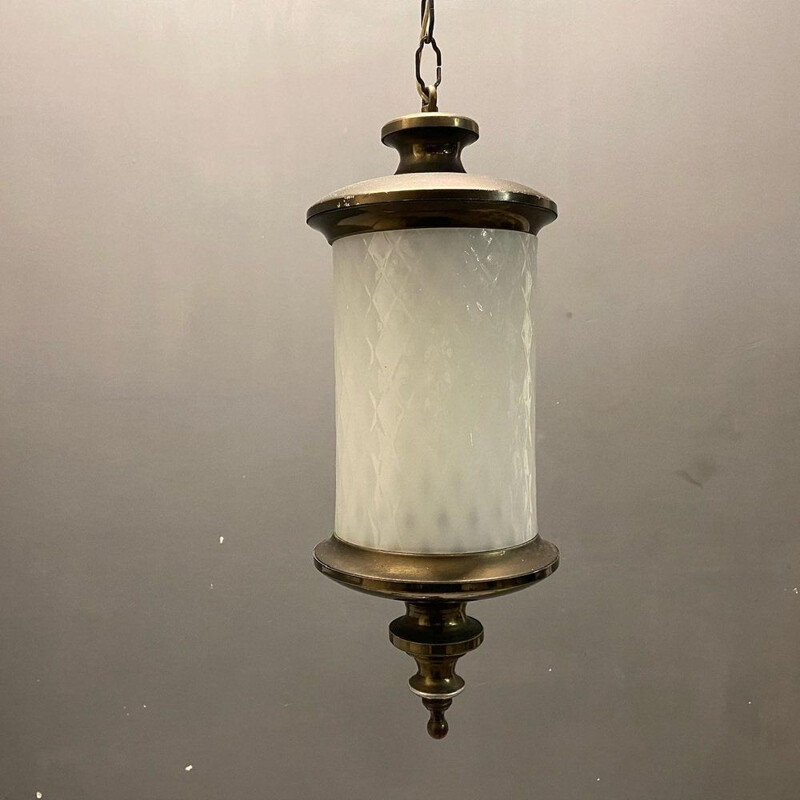 Paar vintage witte murano glas hanglampen, Italië