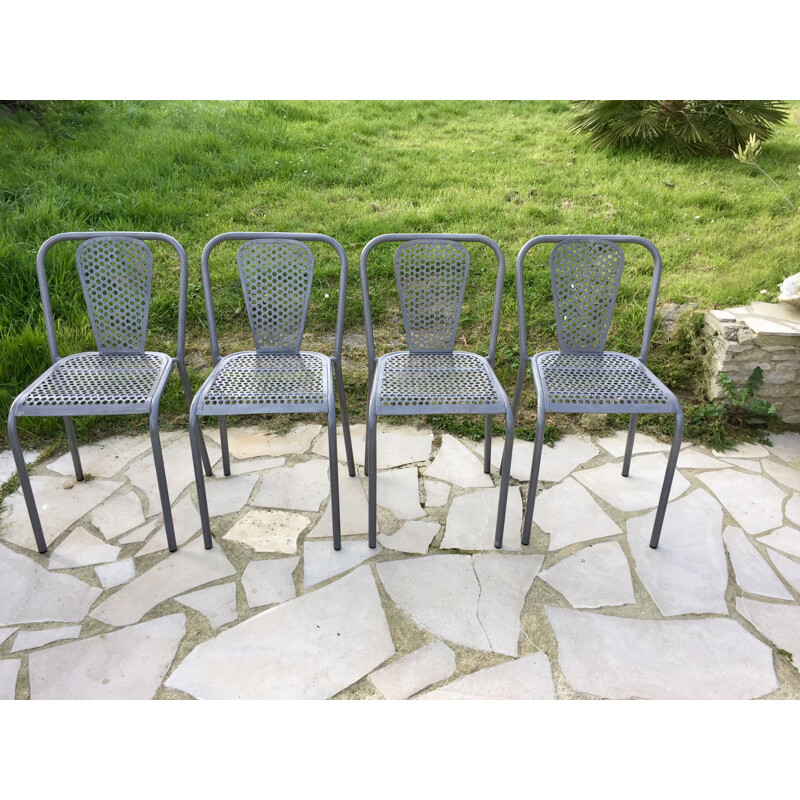 Set of 4 vintage openwork and perforated metal chairs by René Malaval for Bloc Metal, 1950