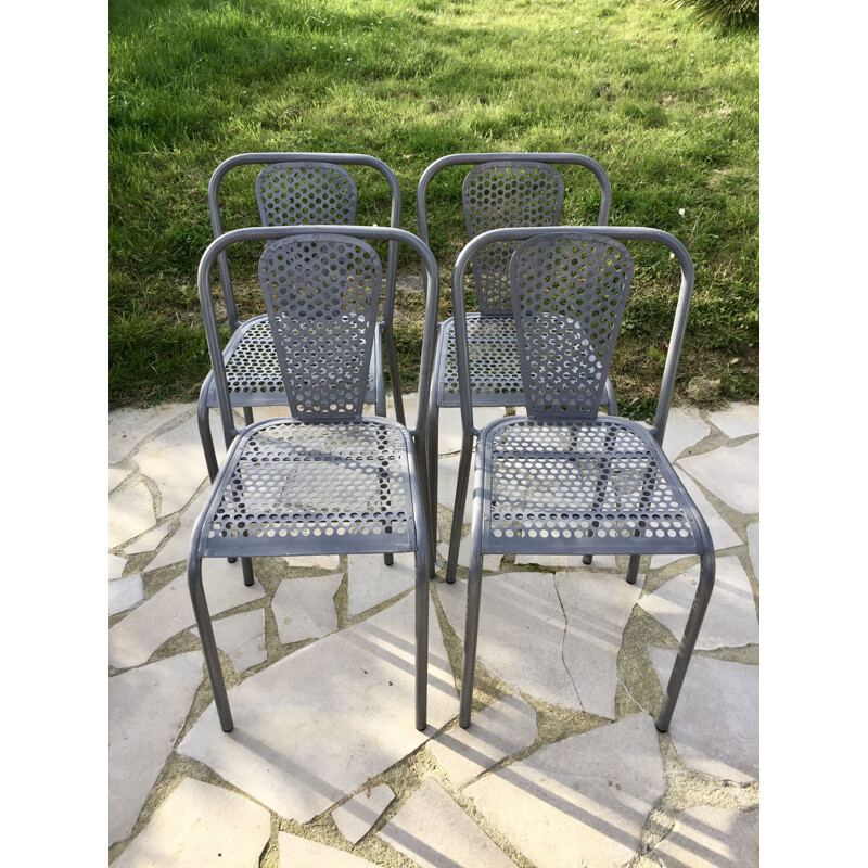 Set of 4 vintage openwork and perforated metal chairs by René Malaval for Bloc Metal, 1950