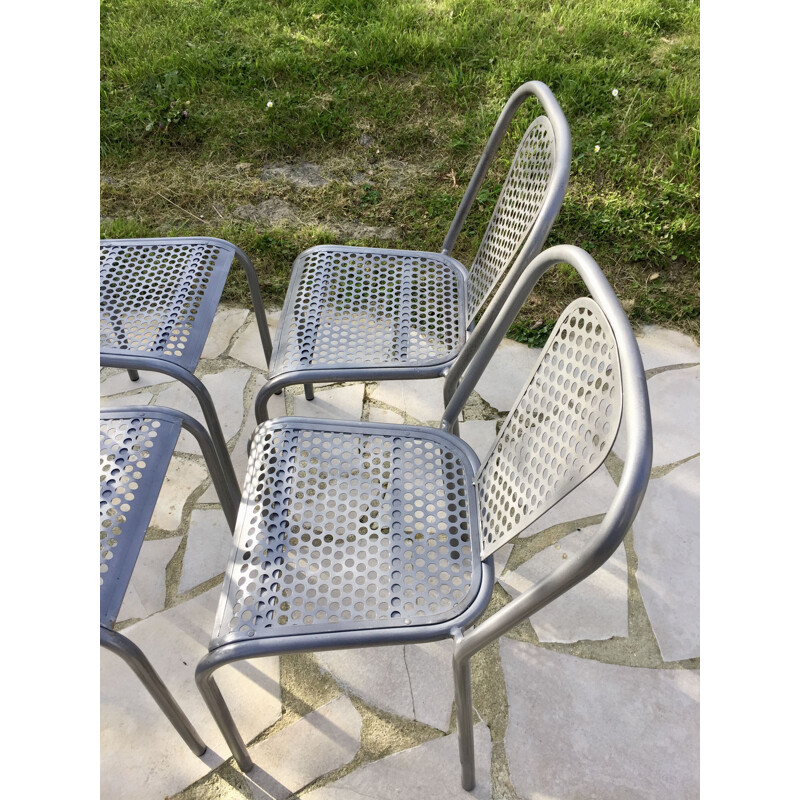 Set of 4 vintage openwork and perforated metal chairs by René Malaval for Bloc Metal, 1950