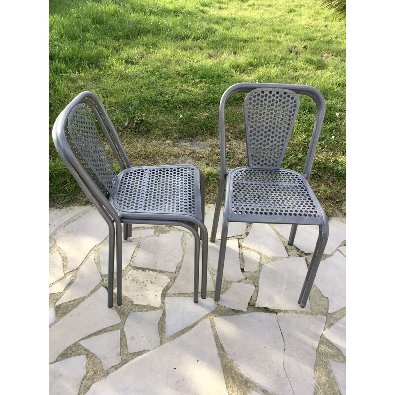 Set of 4 vintage openwork and perforated metal chairs by René Malaval for Bloc Metal, 1950