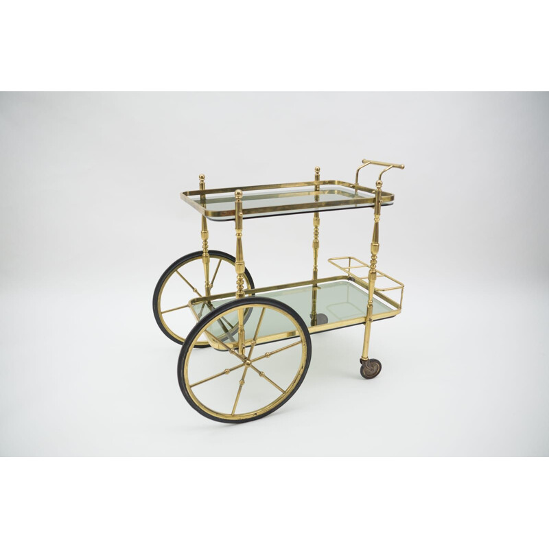 Vintage brass and smoked glass bar cart with bottle holder, Italy 1950