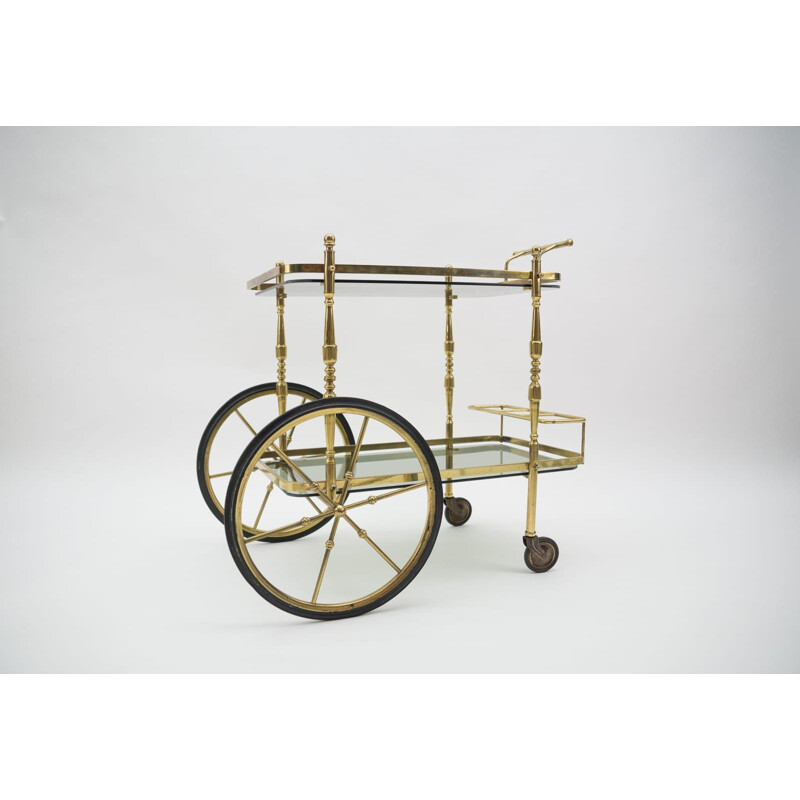Vintage brass and smoked glass bar cart with bottle holder, Italy 1950