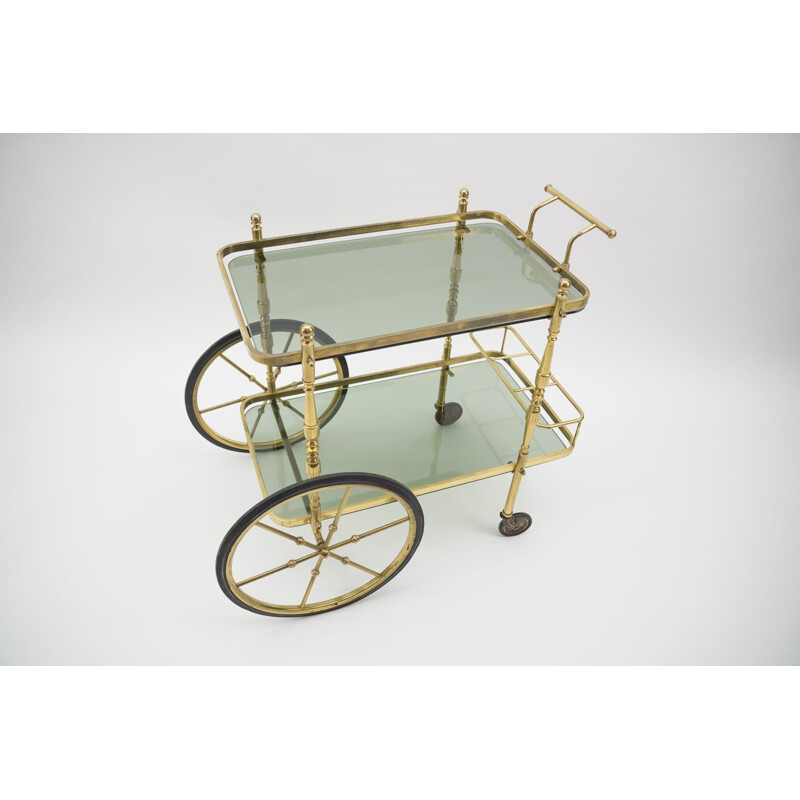 Vintage brass and smoked glass bar cart with bottle holder, Italy 1950