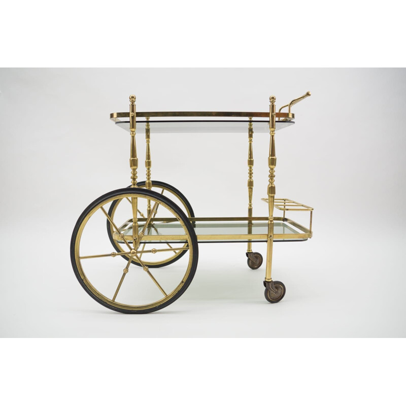 Vintage brass and smoked glass bar cart with bottle holder, Italy 1950