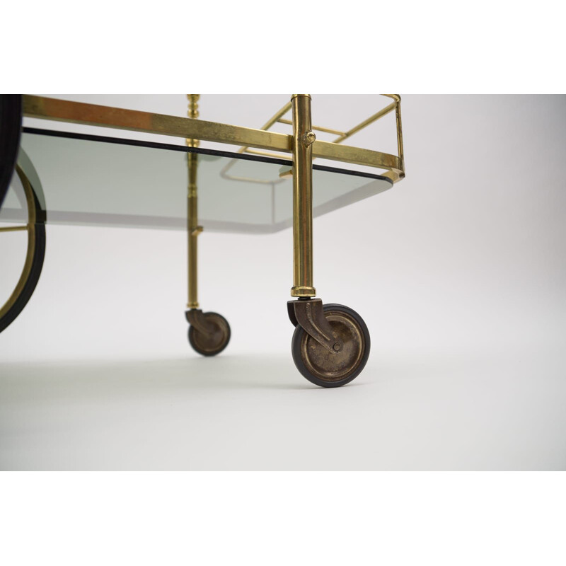 Vintage brass and smoked glass bar cart with bottle holder, Italy 1950