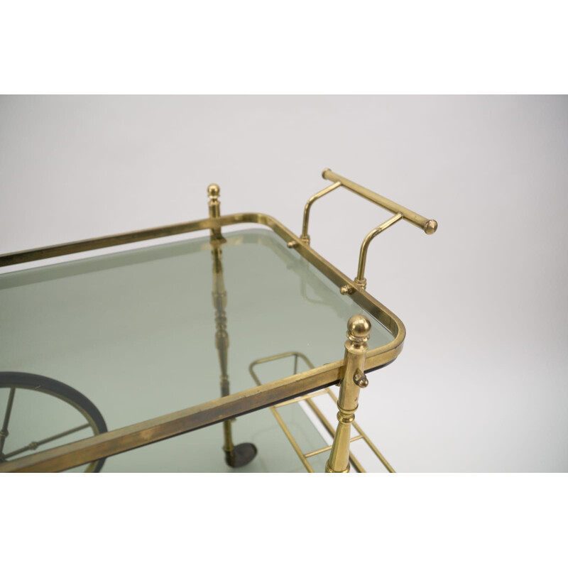 Vintage brass and smoked glass bar cart with bottle holder, Italy 1950