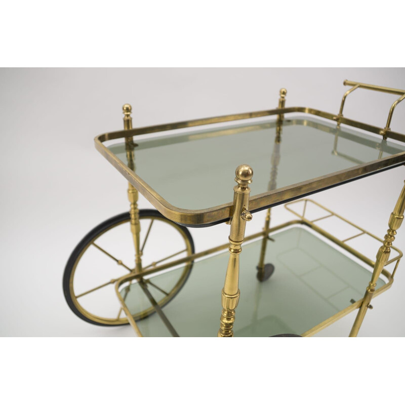 Vintage brass and smoked glass bar cart with bottle holder, Italy 1950