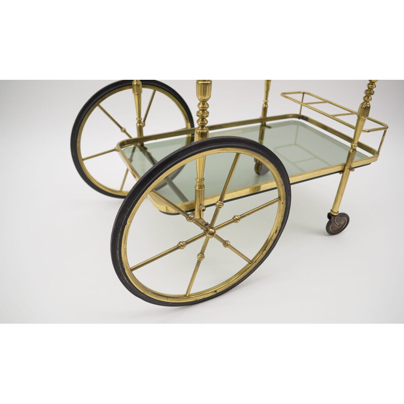 Vintage brass and smoked glass bar cart with bottle holder, Italy 1950