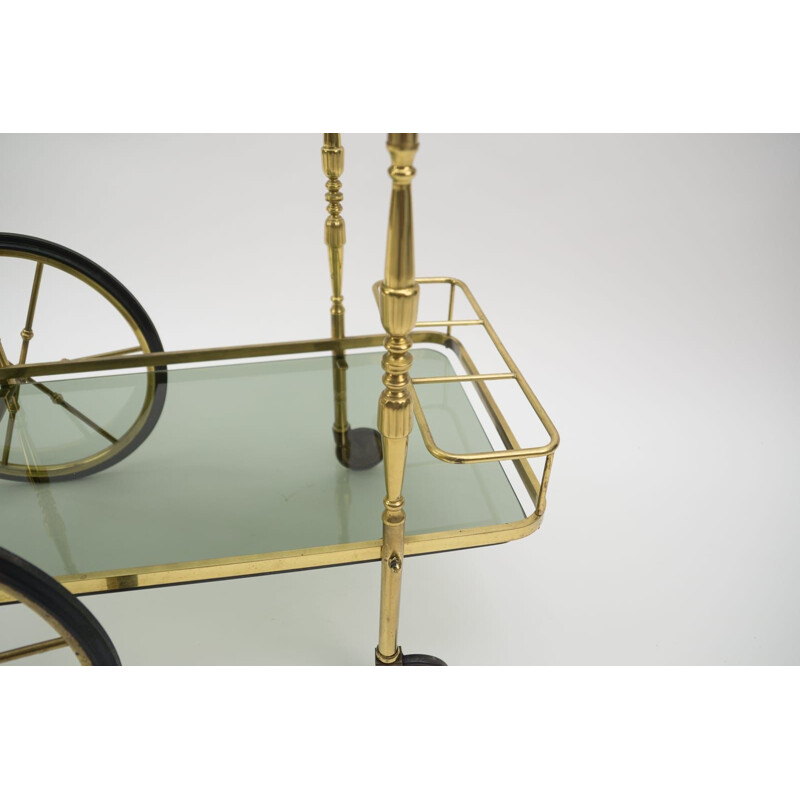 Vintage brass and smoked glass bar cart with bottle holder, Italy 1950