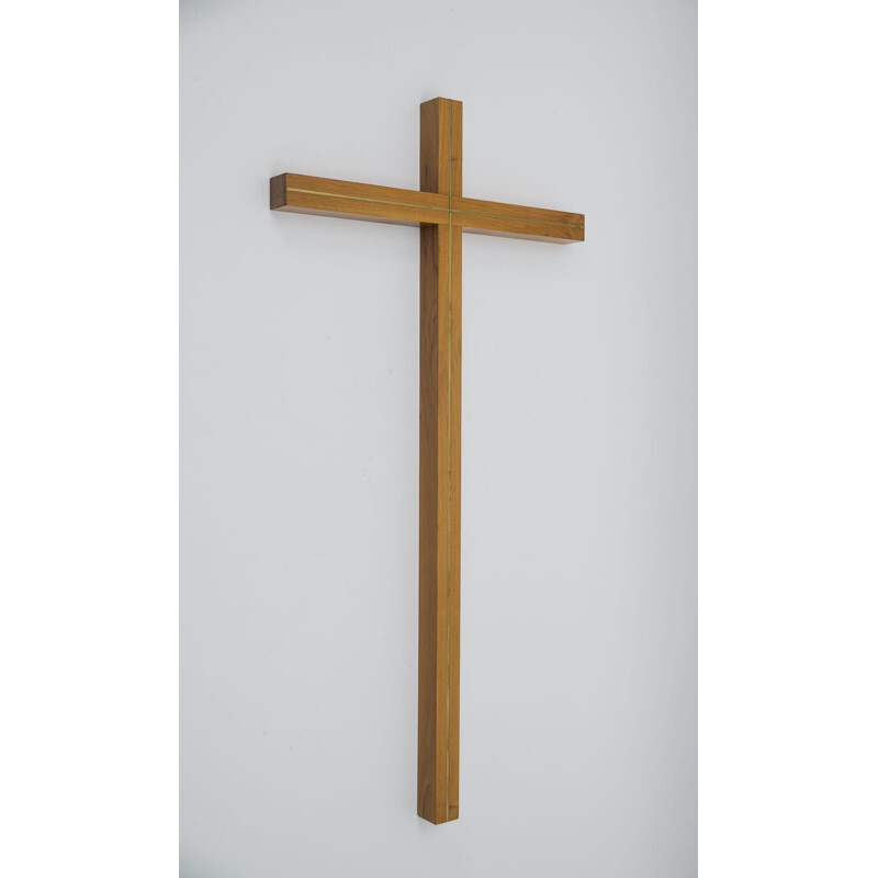 Vintage minimalist German crucifix in walnut & brass, 1960s