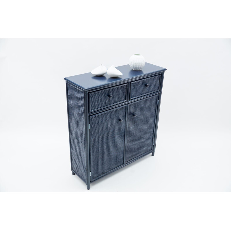 Vintage chest of drawers in blue rattan, Italy 1970s