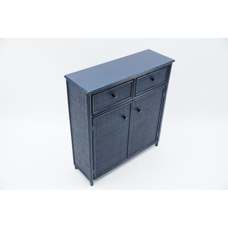 Vintage chest of drawers in blue rattan, Italy 1970s