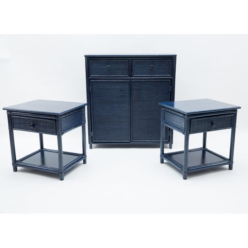 Vintage chest of drawers in blue rattan, Italy 1970s