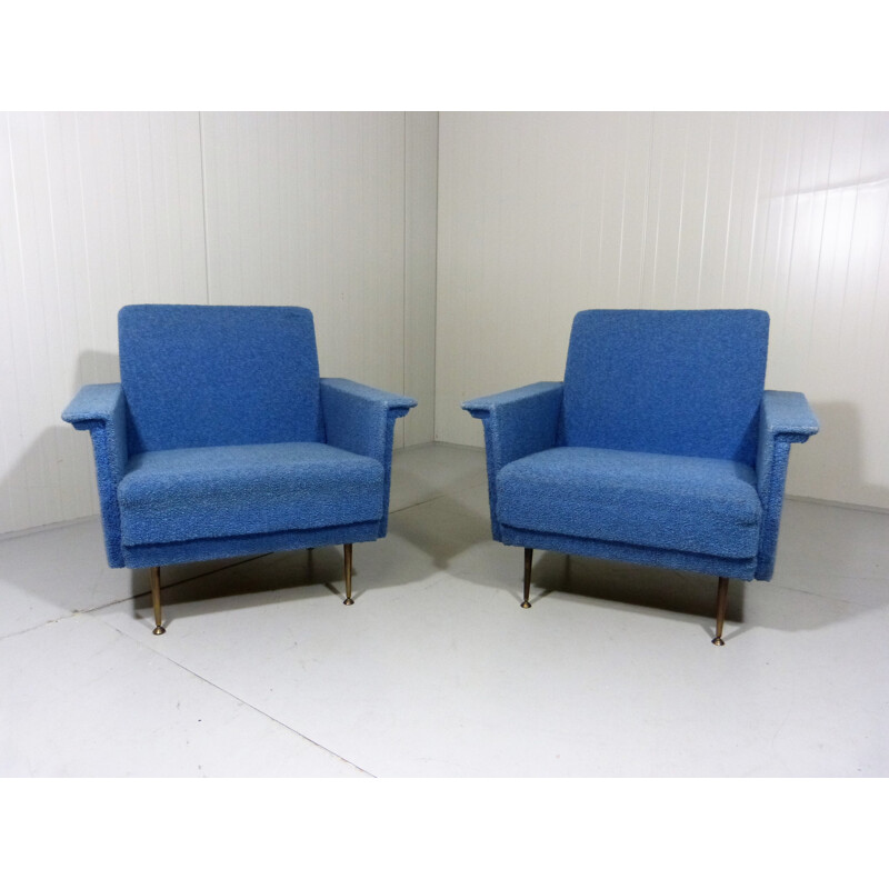 Paire de fauteuils vintage en bois et tissu bleu - 1950