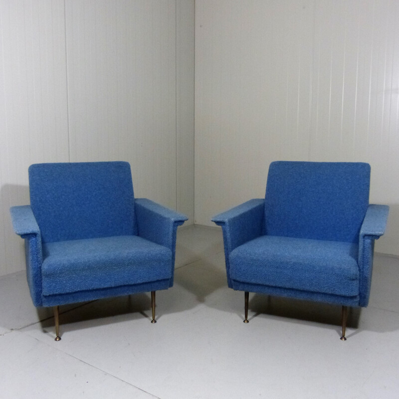 Pair of blue armchairs in fabric and wood - 1950s