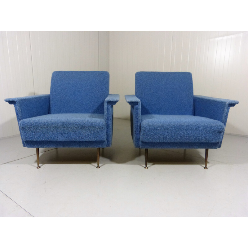 Pair of blue armchairs in fabric and wood - 1950s