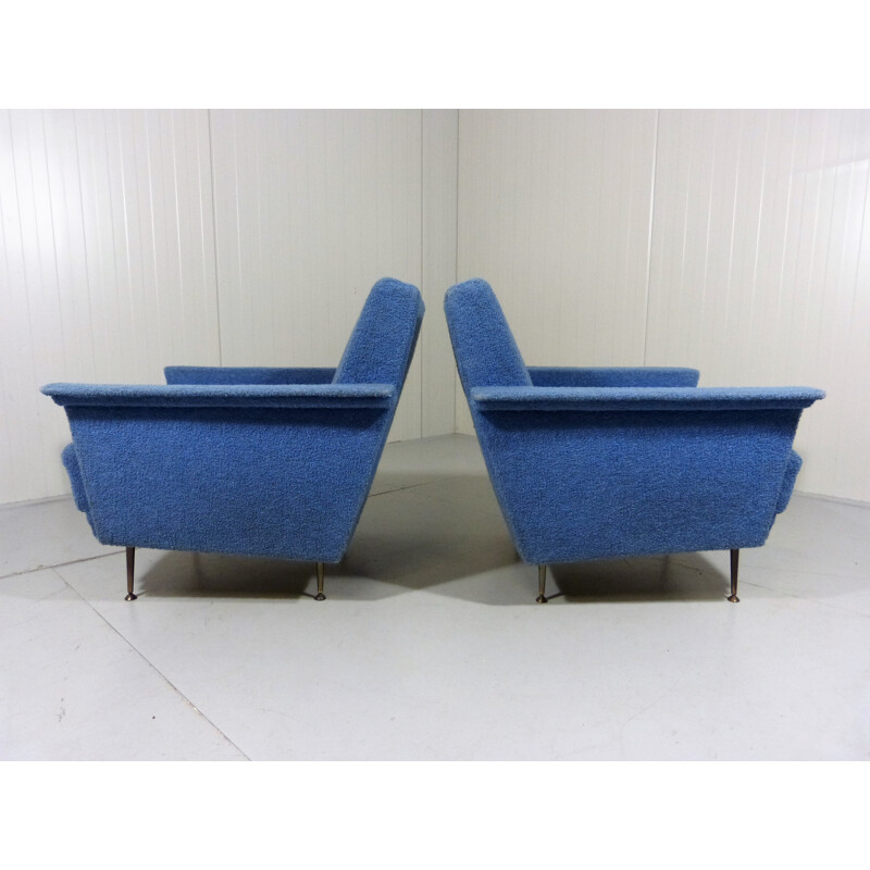 Pair of blue armchairs in fabric and wood - 1950s