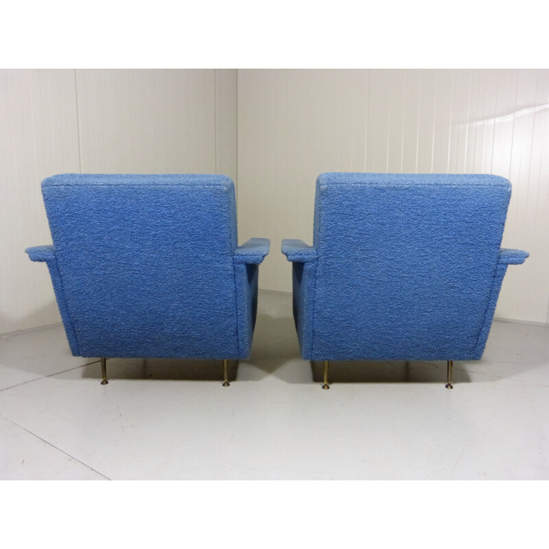 Paire de fauteuils vintage en bois et tissu bleu - 1950