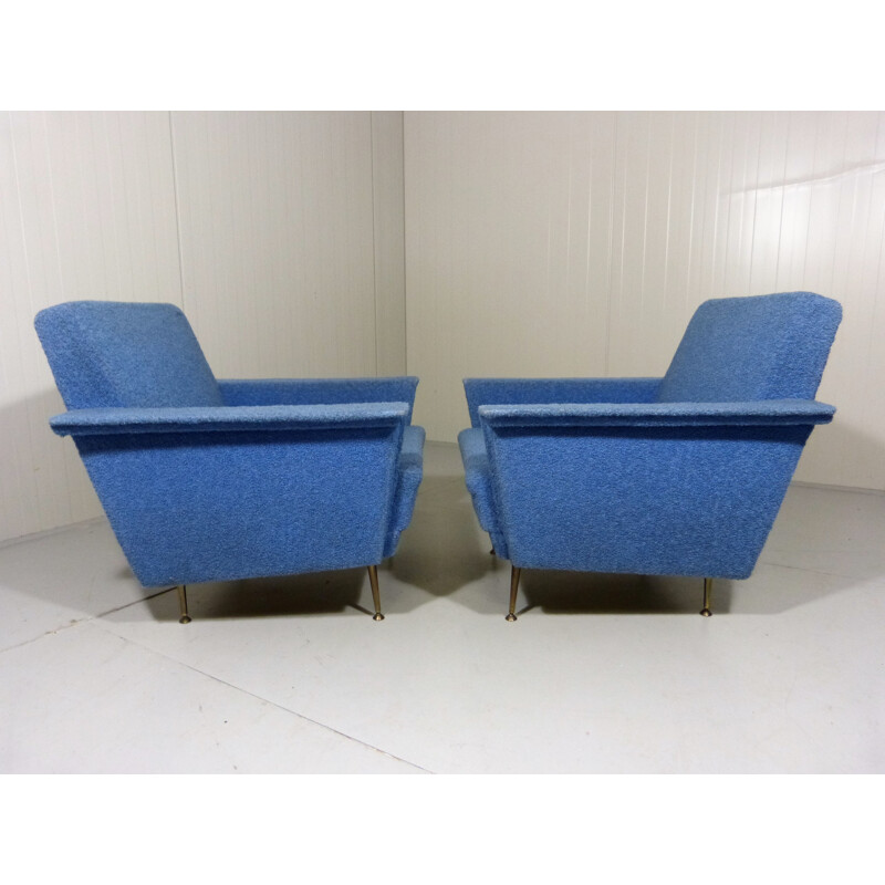 Pair of blue armchairs in fabric and wood - 1950s