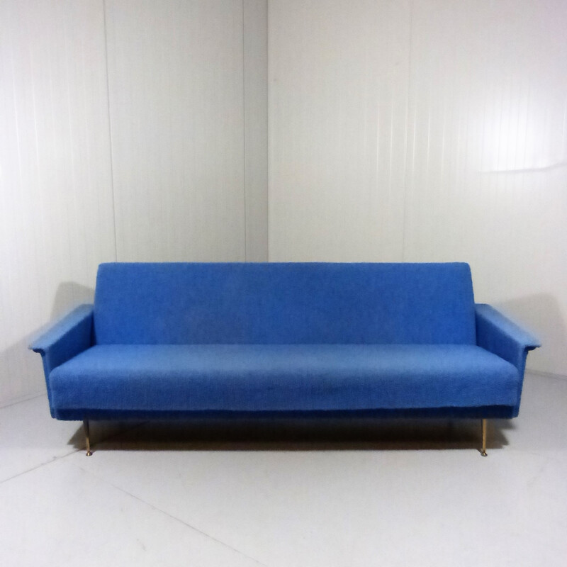 Daybed sofa in wood and blue fabric - 1950s