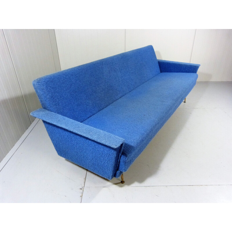 Daybed sofa in wood and blue fabric - 1950s