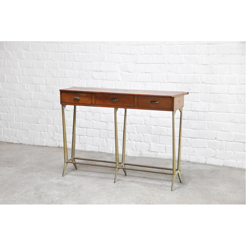 Sculptural vintage console table in wood and brass by Osvaldo Borsani, Italy 1950