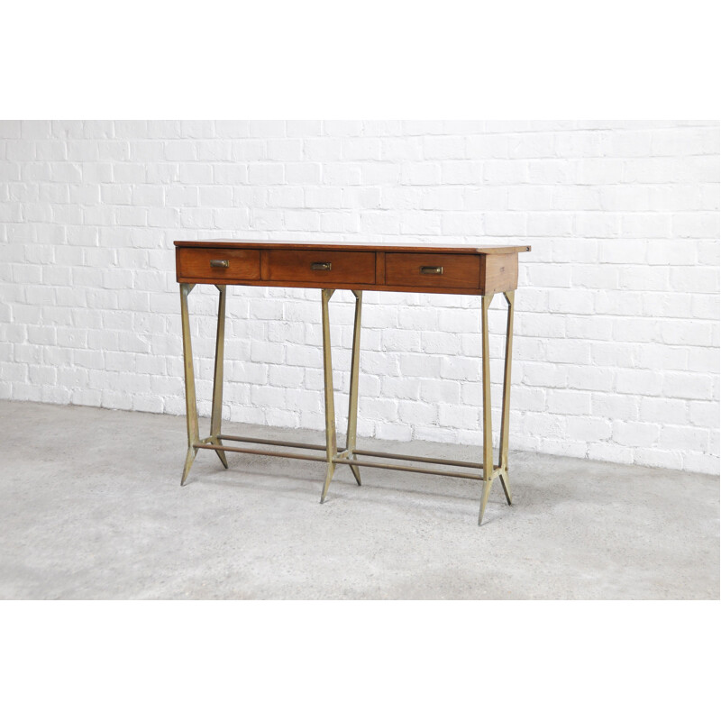 Sculptural vintage console table in wood and brass by Osvaldo Borsani, Italy 1950