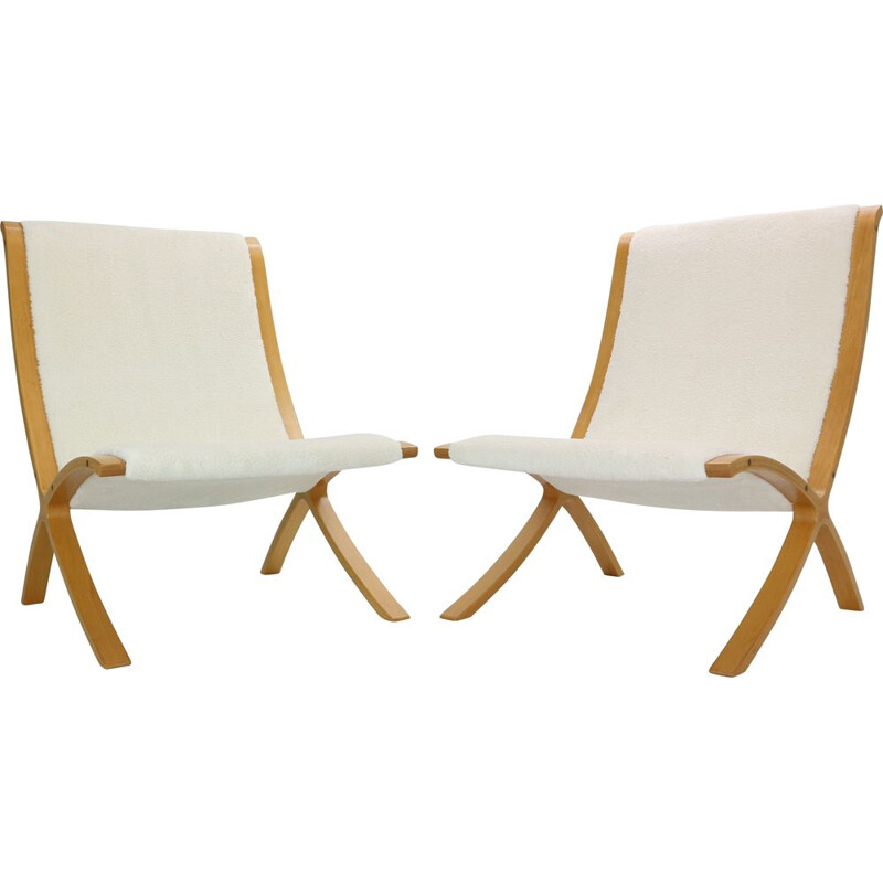 Pair of vintage beechwood armchairs by Peter Hvidt and Orla Mølgaard-Nielsen for Fritz Hansen, Denmark 1979