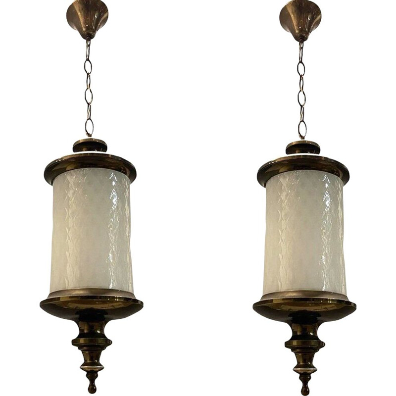 Pair of vintage white murano glass pendant lamps, Italy