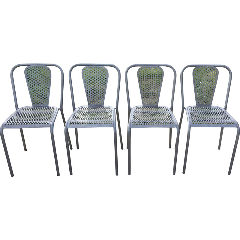 Set of 4 vintage openwork and perforated metal chairs by René Malaval for Bloc Metal, 1950