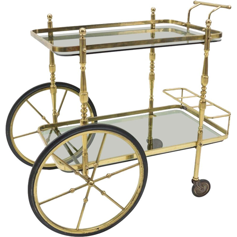 Vintage brass and smoked glass bar cart with bottle holder, Italy 1950