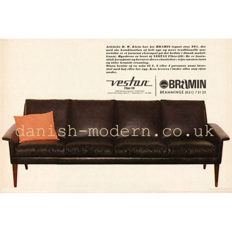 Canapé scandinave vintage 265 en cuir par H.W. Klein pour Bramin, 1960