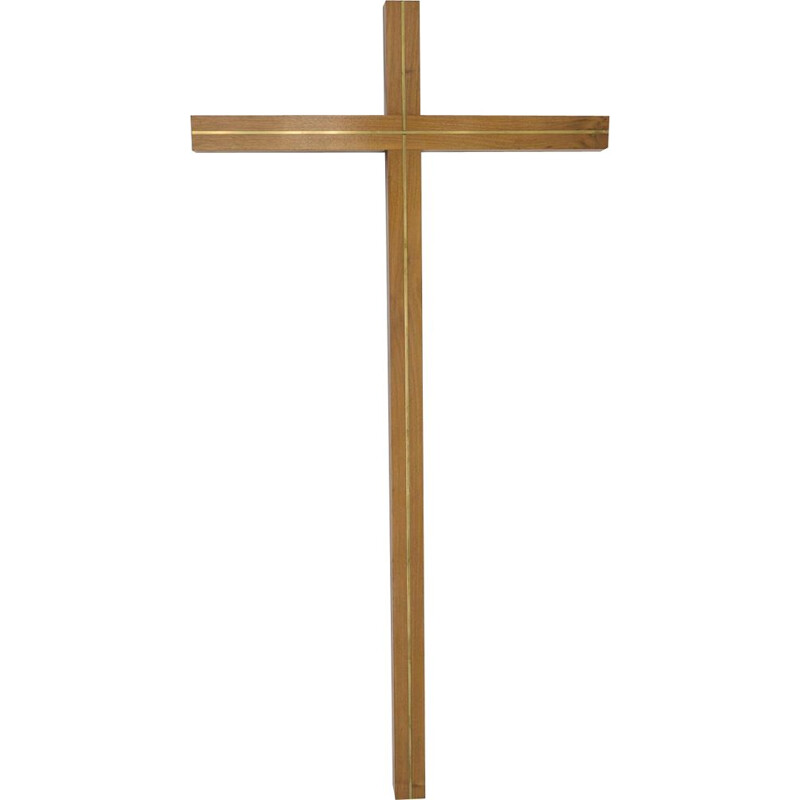 Vintage minimalist German crucifix in walnut & brass, 1960s