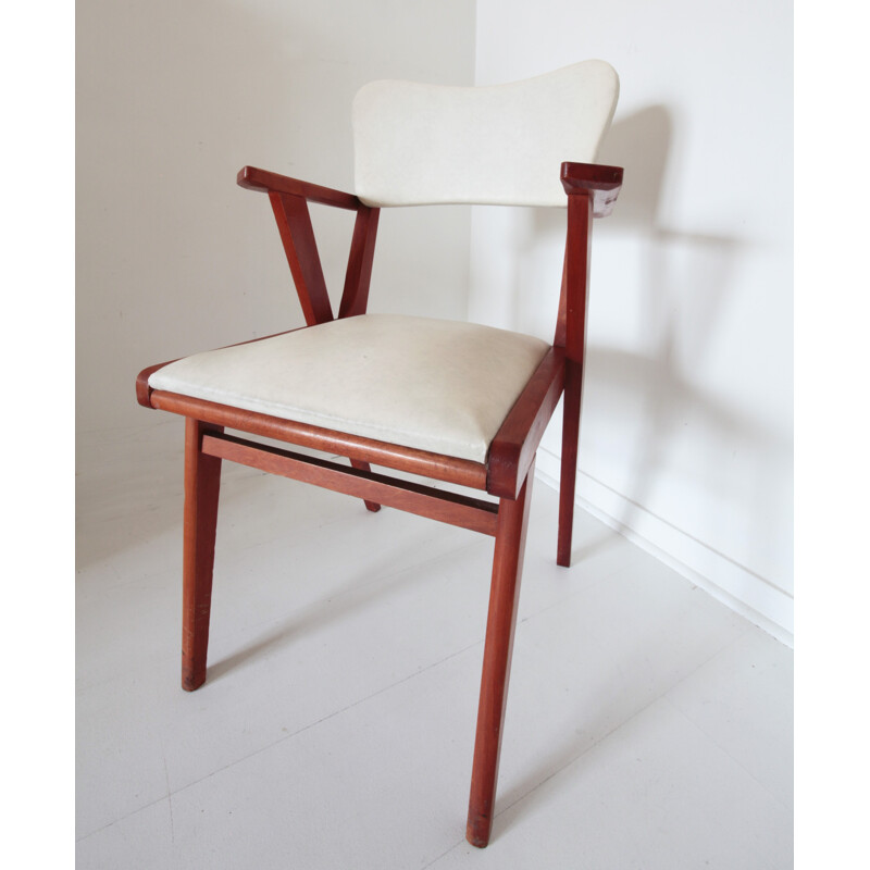 Paire de fauteuils en bois et simili cuir beige - 1950