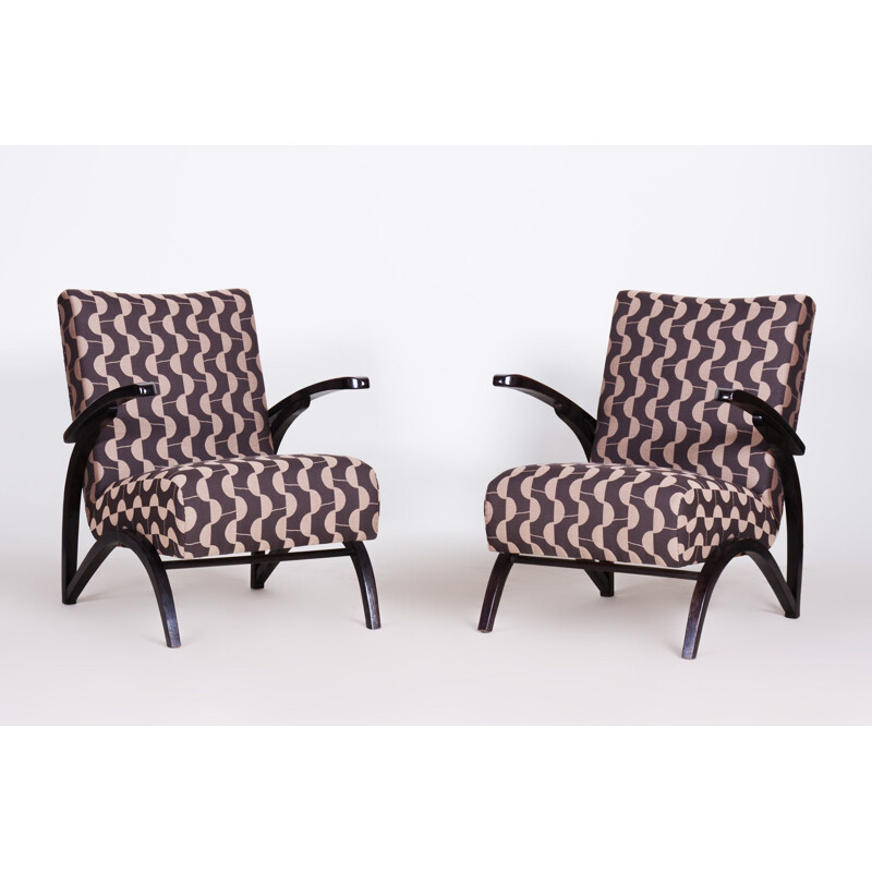Paar vintage fauteuils in backhausen stof van Jindrich Halabala voor Up Zavody, Tsjechoslowakije 1930