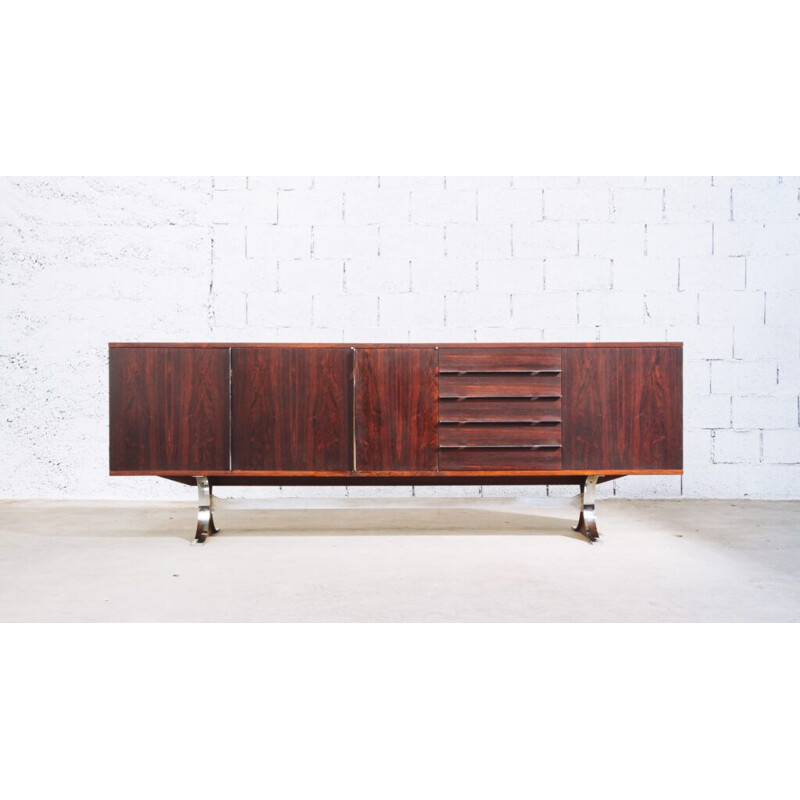 Credenza vintage "Sylvie" in palissandro e acciaio inossidabile di René-Jean Caillette per Charron, 1960