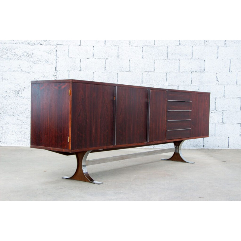 Credenza vintage "Sylvie" in palissandro e acciaio inossidabile di René-Jean Caillette per Charron, 1960