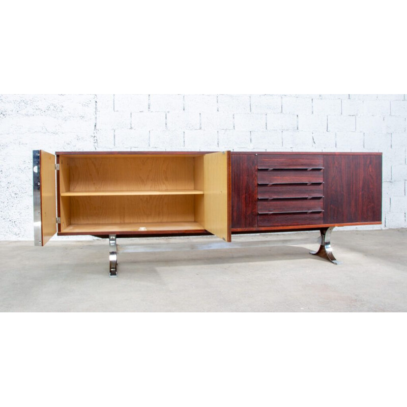 Vintage "Sylvie" sideboard in rosewood and stainless steel by René-Jean Caillette for Charron, 1960