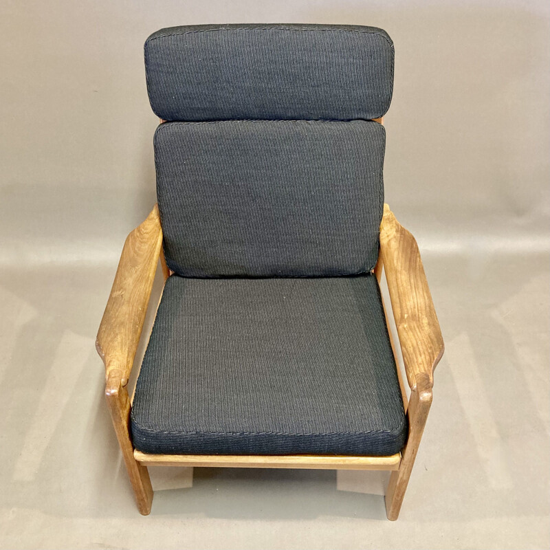 Fauteuil scandinave vintage en teck et lin, 1950