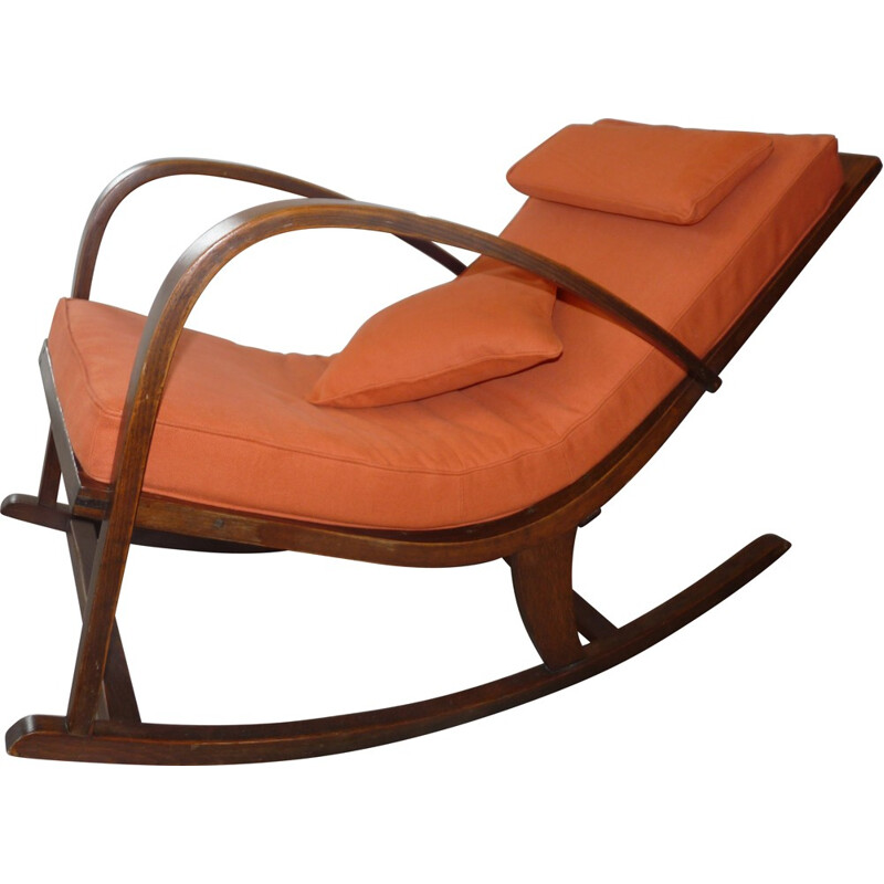 Rocking chair retapissé avec tissu orange - 1950