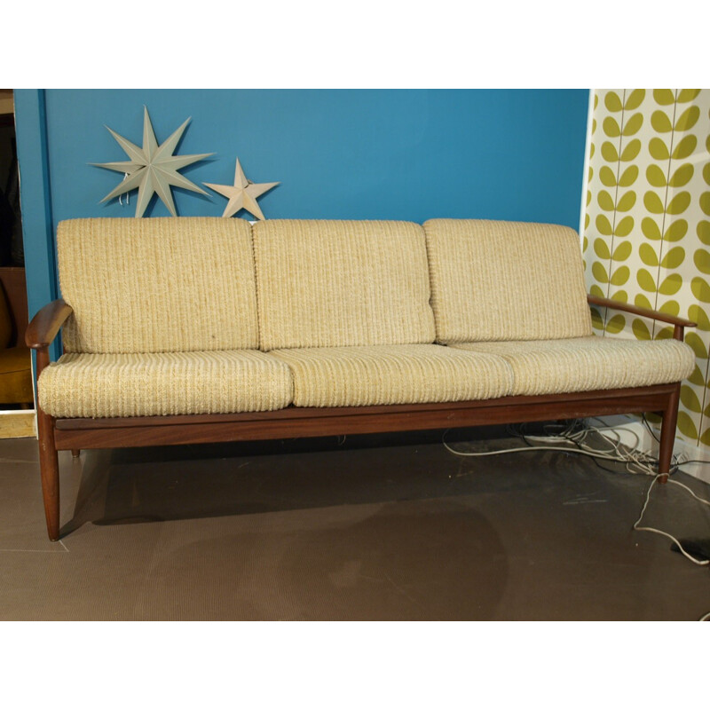 Canapé en tissu blanc et teck - années 60