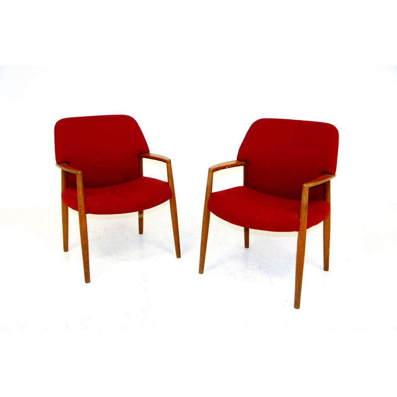 Pair of vintage oak and fabric armchairs by Aksel Bender Madsen and Ejner Larsen for Fritz Hansen, Sweden 1960