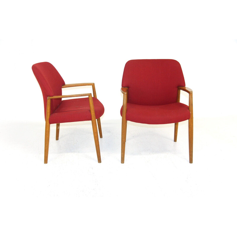 Paar vintage eiken en stoffen fauteuils van Aksel Bender Madsen en Ejner Larsen voor Fritz Hansen, Zweden 1960