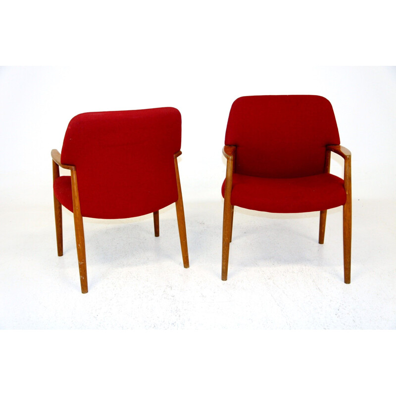 Pair of vintage oak and fabric armchairs by Aksel Bender Madsen and Ejner Larsen for Fritz Hansen, Sweden 1960
